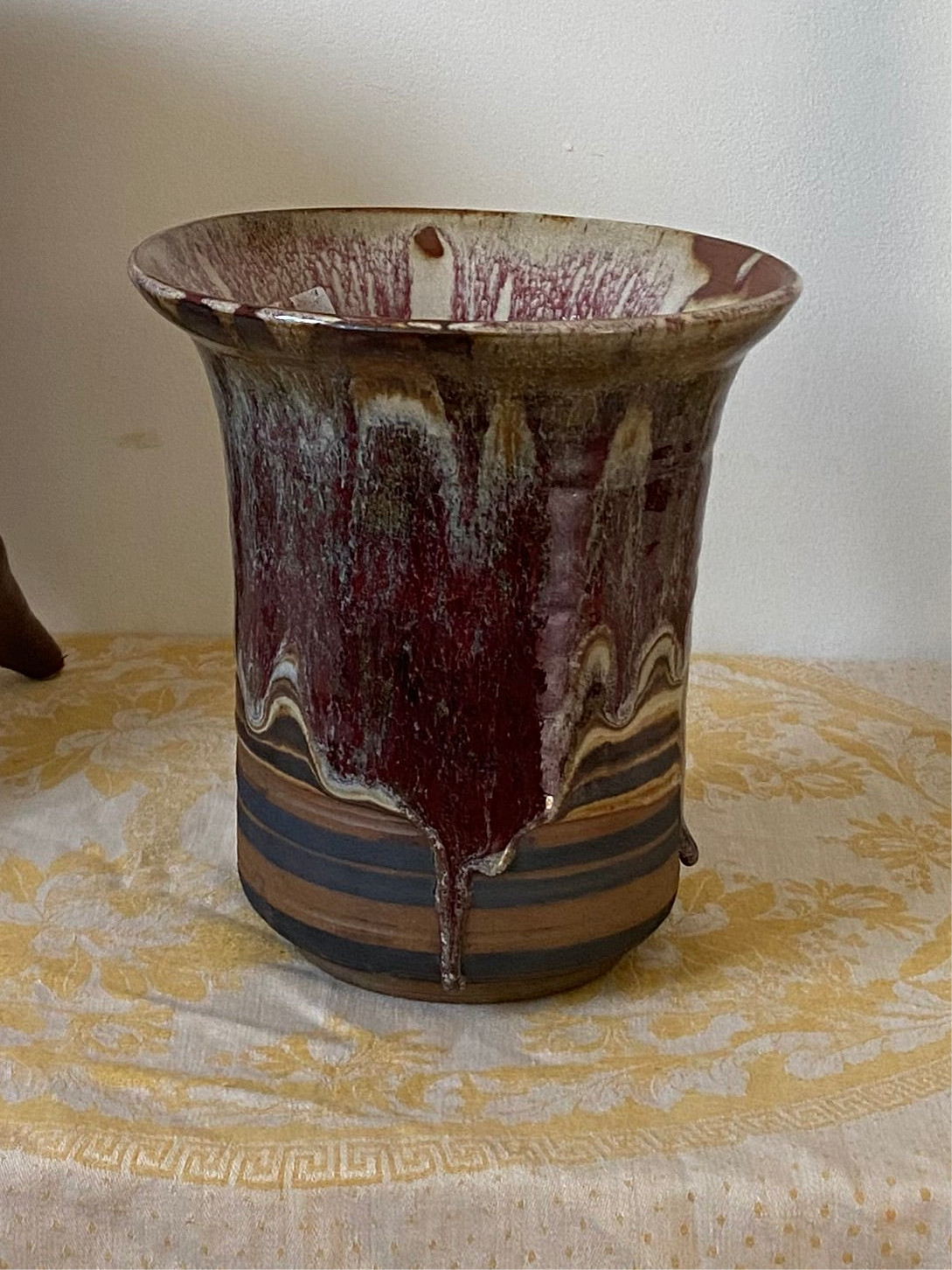 Striped vase w/ red drips