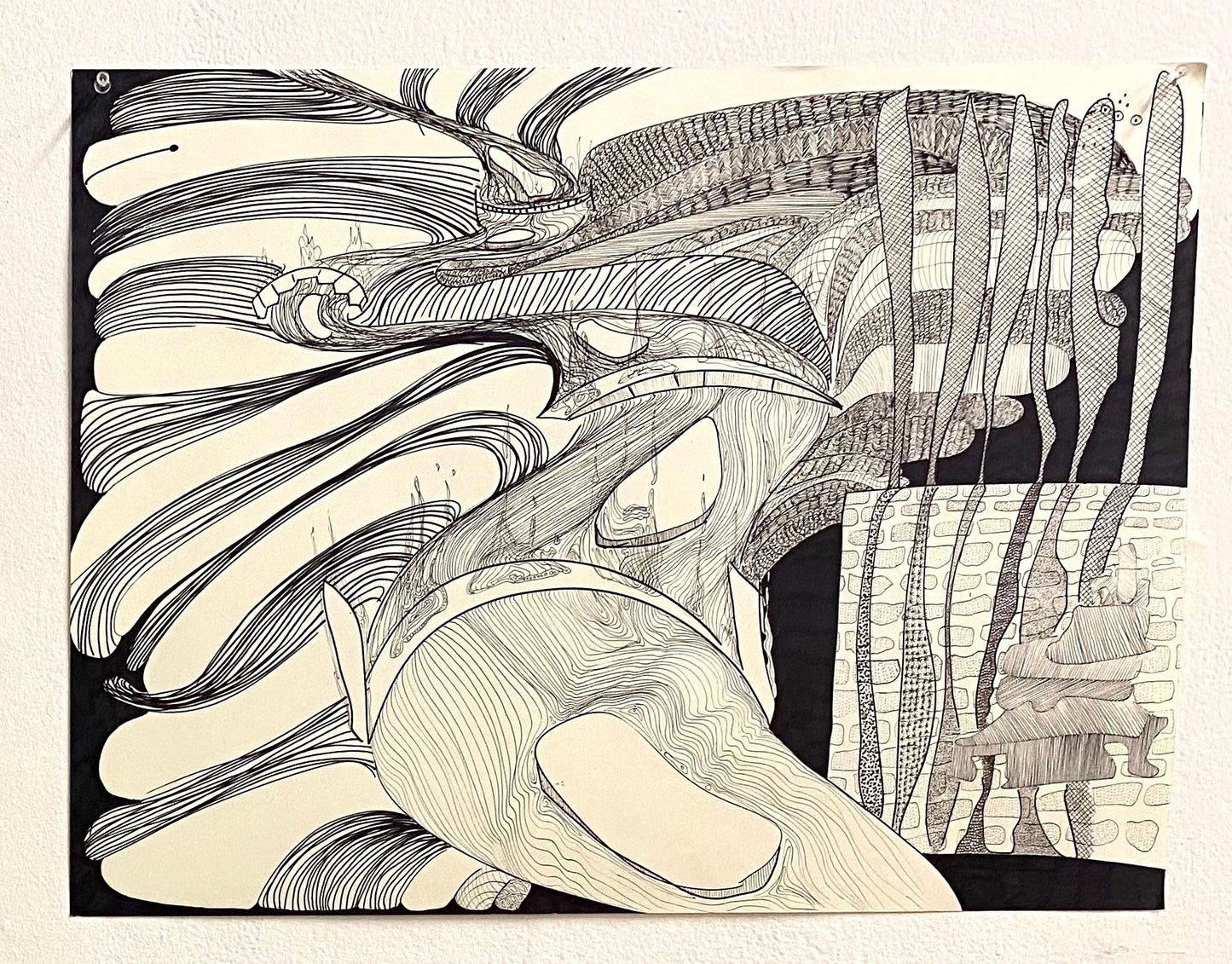 Black and white drawing, "Smoking Bridges"