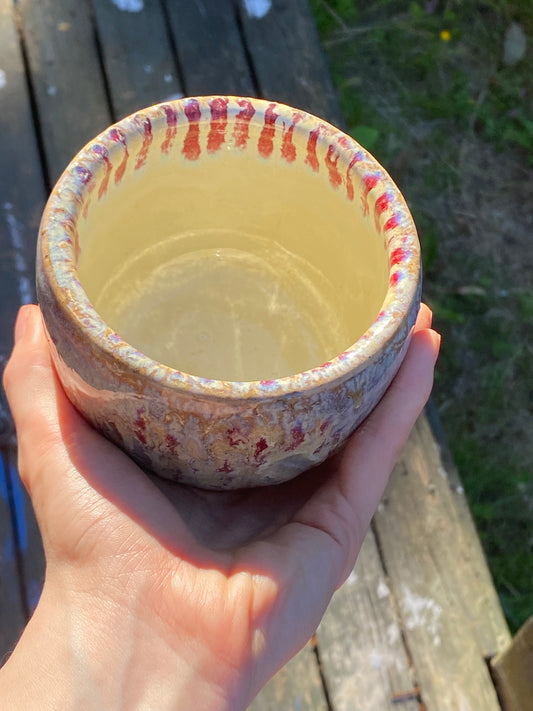 Tumbler with red vertical stripes on inside
