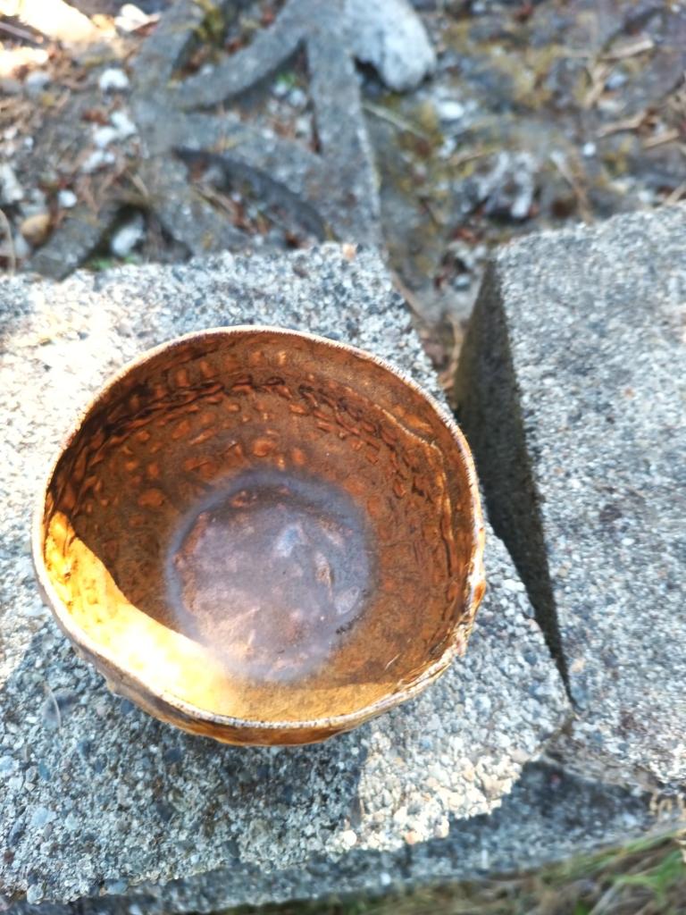 Handbuilt amber/mauve porcelain cup