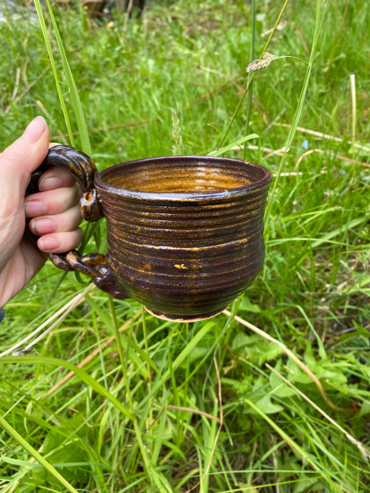 Terracotta espresso cup with swirly handle